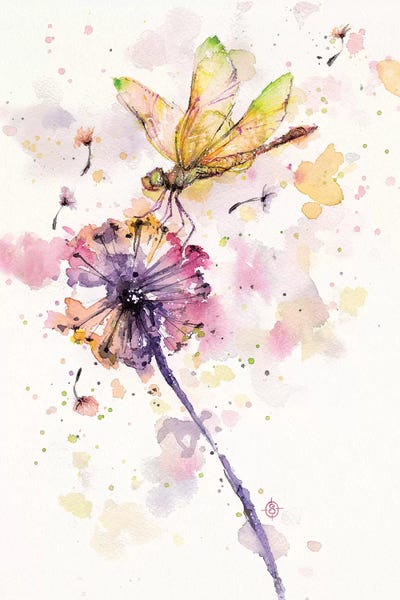 Serene Watercolors: Dragonfly and Dandelion by Sillier Than Sally
