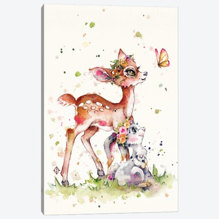Sweet Woodland Friends (Deer & Bunny) Canvas Print #SIL86} by Sillier Than Sally Canvas Artwork