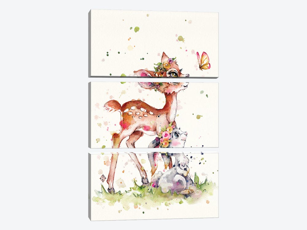Sweet Woodland Friends (Deer & Bunny) by Sillier Than Sally 3-piece Canvas Print