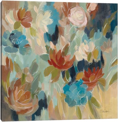 Blue And Sienna Floral Canvas Art Print - Floral & Botanical Patterns