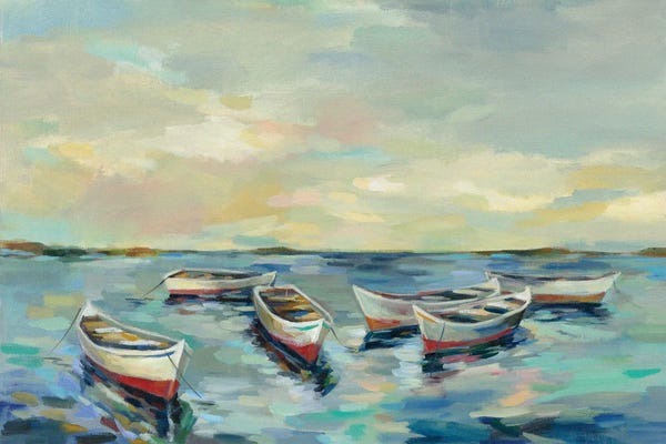 Silvia Vassileva: Coastal View of Boats by Silvia Vassileva