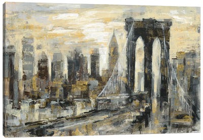 Brooklyn Bridge Gray and Gold Canvas Art Print - Urban Living Room Art