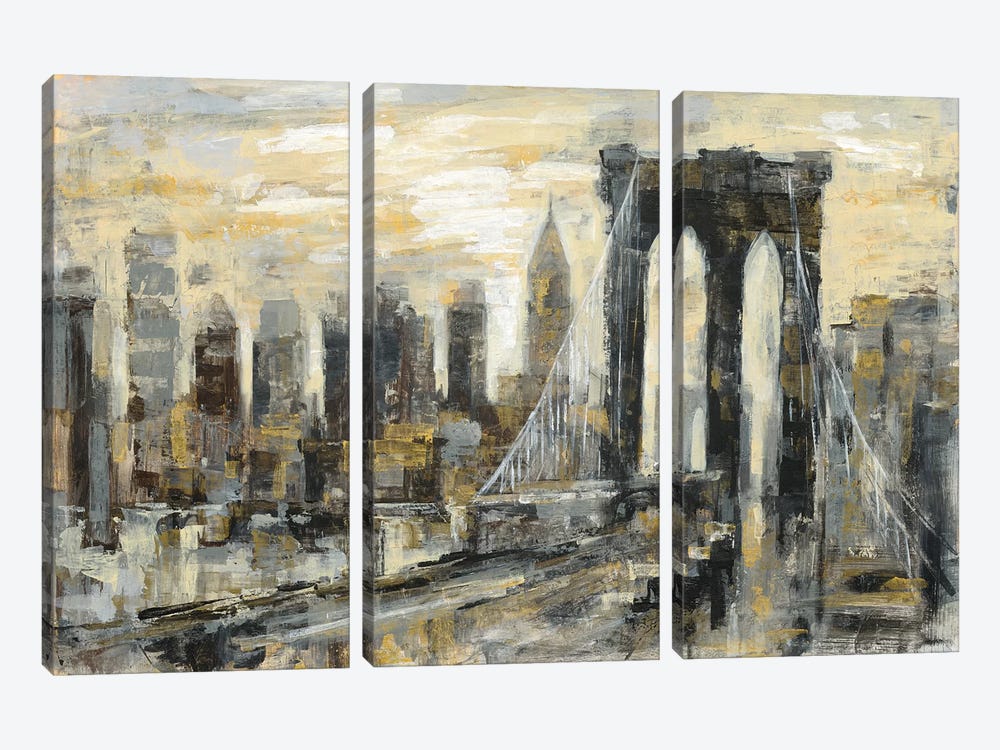 Brooklyn Bridge Gray and Gold by Silvia Vassileva 3-piece Canvas Print