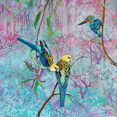 Equilibrium - Pale Headed Rosellas And Sacred Kingfisher by Susan Skuse canvas print