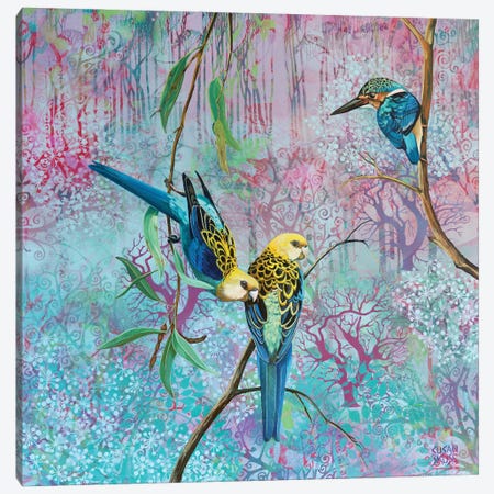 Equilibrium - Pale Headed Rosellas And Sacred Kingfisher Canvas Print #SKE11} by Susan Skuse Canvas Artwork