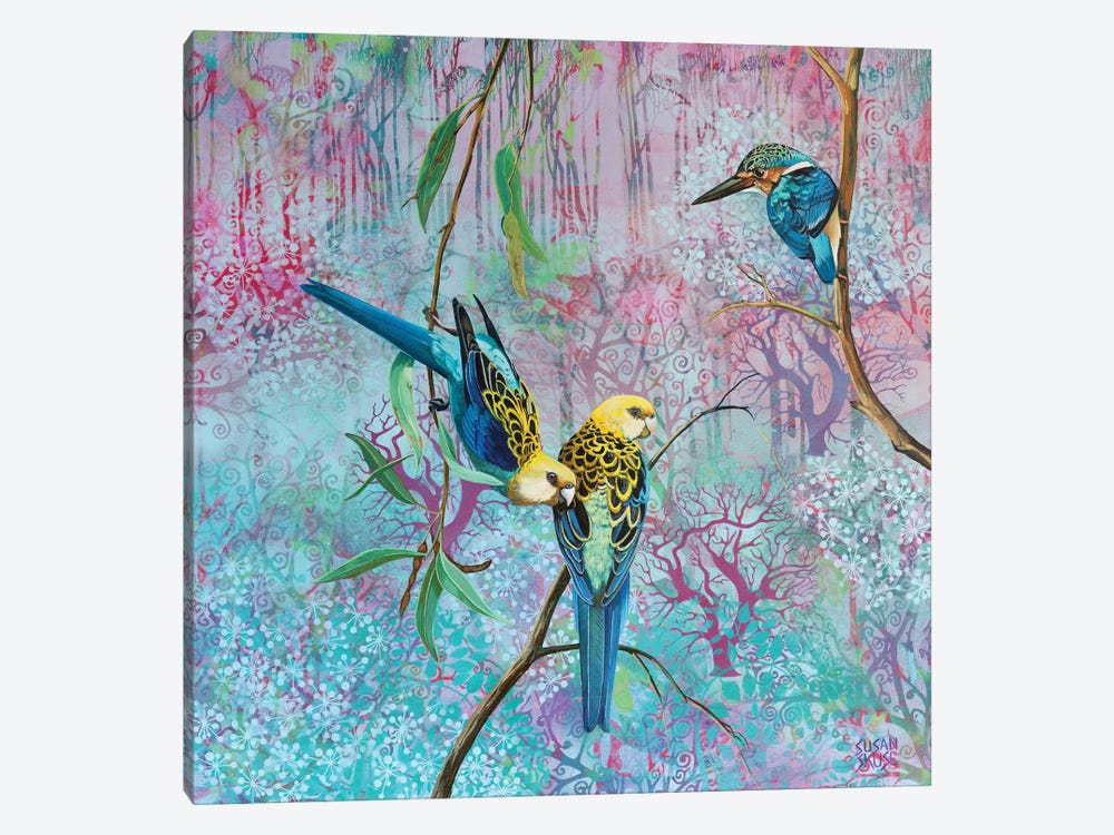 Equilibrium - Pale Headed Rosellas And Sacred Kingfisher by Susan Skuse 1-piece Art Print