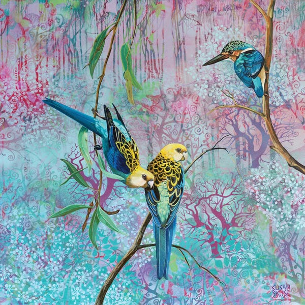 Kingfishers: Equilibrium - Pale Headed Rosellas And Sacred Kingfisher by Susan Skuse