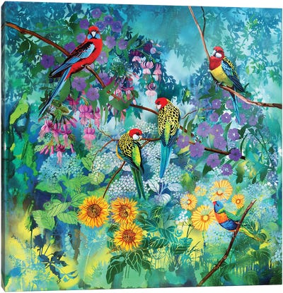 Parrots In The Garden Canvas Art Print - Parrot Art