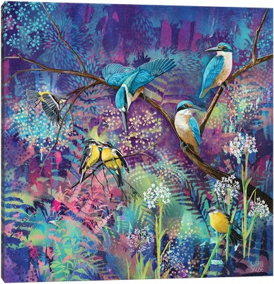 Turquoise And Gold - Sacred Kingfishers And Eastern Yellow Robins Canvas Art Print - Kingfisher Art