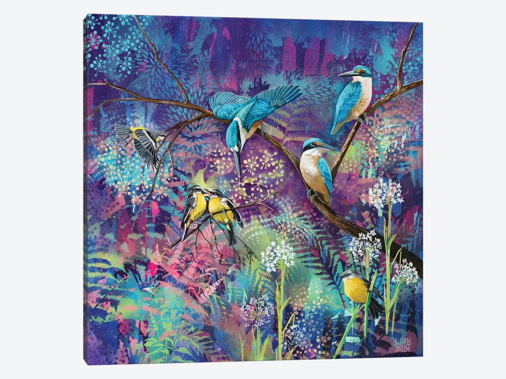 Turquoise And Gold - Sacred Kingfishers And Eastern Yellow Robins by Susan Skuse 1-piece Canvas Art