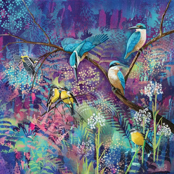 Kingfishers: Turquoise And Gold - Sacred Kingfishers And Eastern Yellow Robins by Susan Skuse