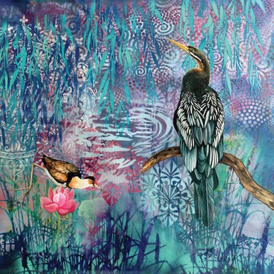 Blue Lagoon - Australian Darter And Crested Jacana by Susan Skuse canvas print