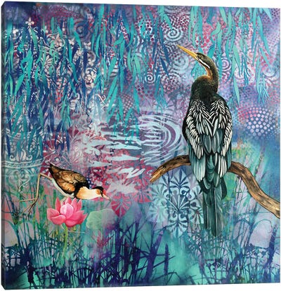 Blue Lagoon - Australian Darter And Crested Jacana Canvas Art Print - Susan Skuse