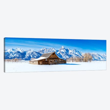 Panoramic Winter View Grand Tetons Barn Canvas Print #SKR1040} by Susanne Kremer Canvas Artwork
