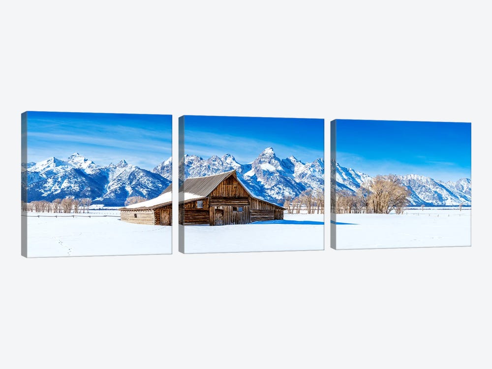 Panoramic Winter View Grand Tetons Barn by Susanne Kremer 3-piece Canvas Artwork
