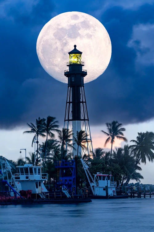 Full Moon Rising Behind Lighthouse Florida