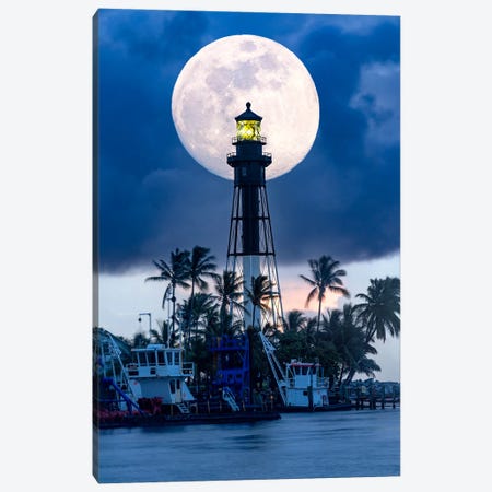 Full Moon Rising Behind Lighthouse Florida Canvas Print #SKR1058} by Susanne Kremer Art Print