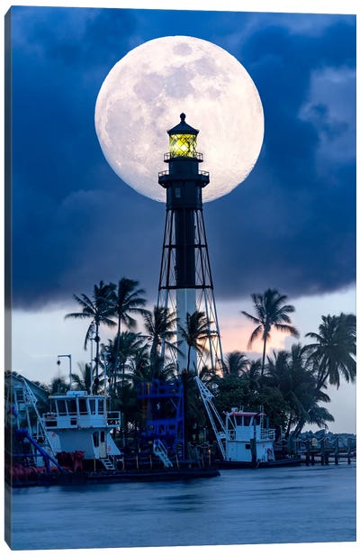 Full Moon Rising Behind Lighthouse Florida Canvas Art Print