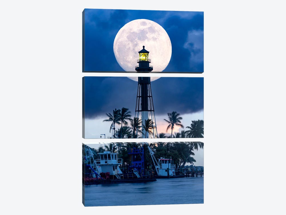 Full Moon Rising Behind Lighthouse Florida by Susanne Kremer 3-piece Canvas Print