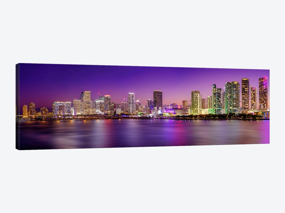Panoramic Neon Lights Miami Downtown Night by Susanne Kremer 1-piece Canvas Artwork