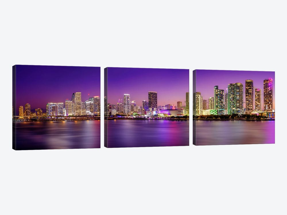 Panoramic Neon Lights Miami Downtown Night by Susanne Kremer 3-piece Canvas Art