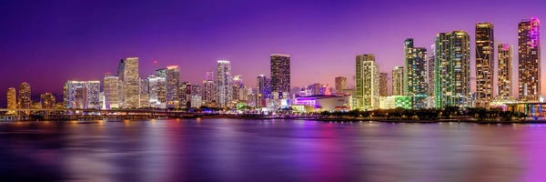 Blue: Panoramic Neon Lights Miami Downtown Night by Susanne Kremer