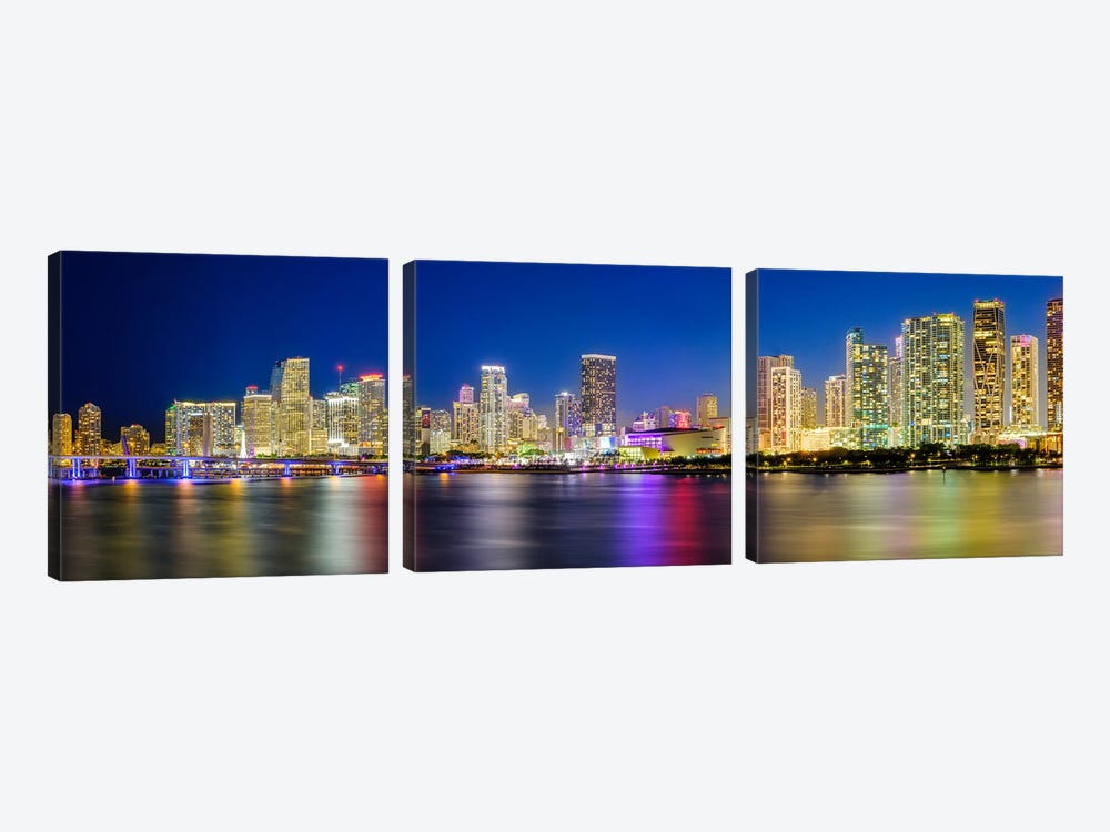 Panoramic Skyline At Night Miami by Susanne Kremer 3-piece Canvas Art