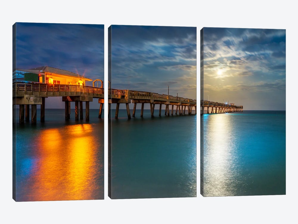 Full Moonrise At The Pier by Susanne Kremer 3-piece Canvas Print
