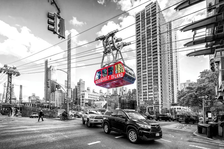 Red Tram Suspended In Monochrome