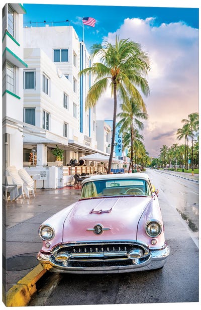 Vintage Pink Ocean Drive Canvas Art Print - Miami Art