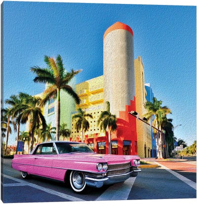 Pink Cadillac Miami Art District II Canvas Art Print - Cars By Brand