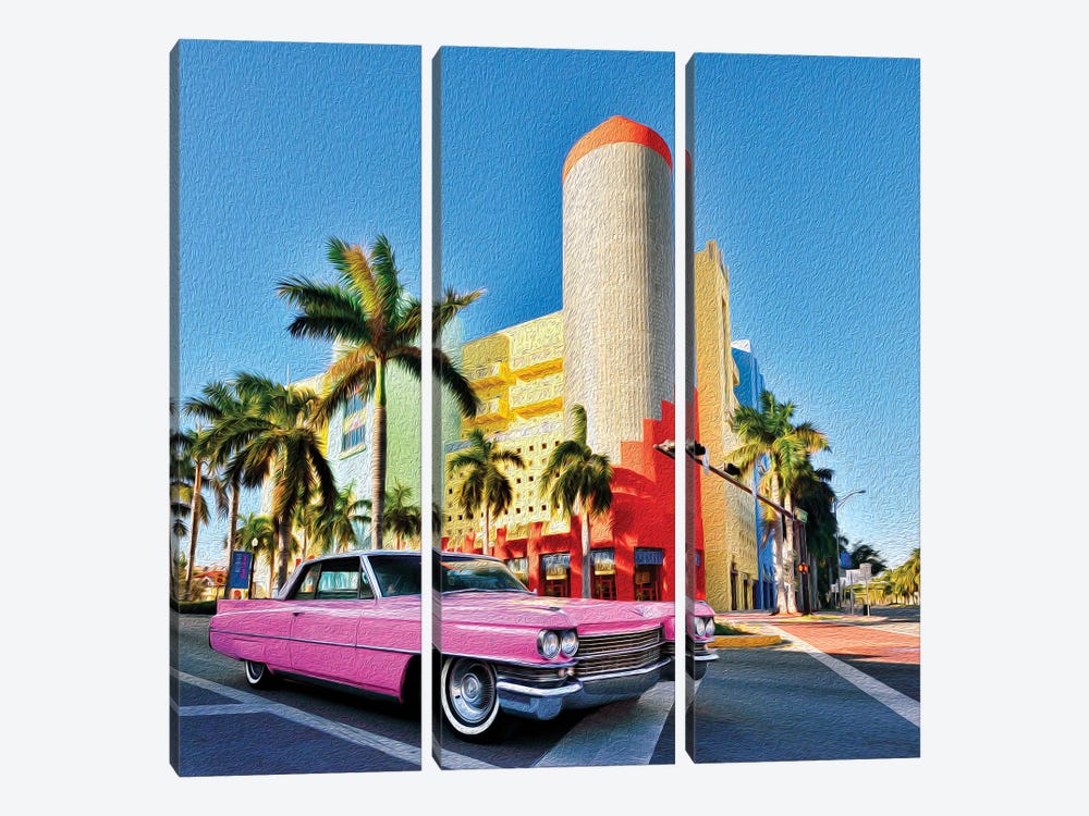 Pink Cadillac Miami Art District II by Susanne Kremer 3-piece Canvas Wall Art