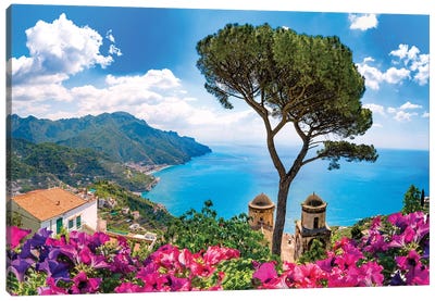Ravello, View of Amalfi Coast II Canvas Art Print - Bougainvillea