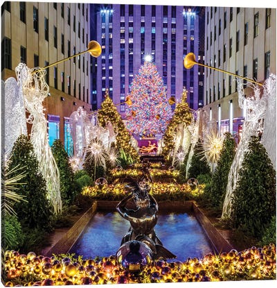 Rockefeller Center with Christmas Tree and Angels I Canvas Art Print - Christmas Trees & Wreath Art
