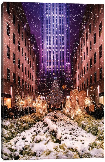 Rockefeller Center with Christmas Tree and Angels II Canvas Art Print - Snow Art
