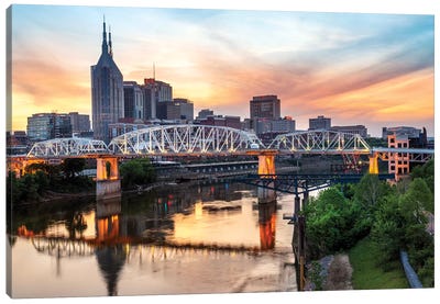 Skyline of Nashville with Shelby Bridge Canvas Art Print - Tennessee