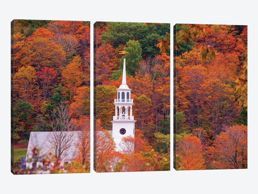 Church With Fall Foliage In Vermont New England by Susanne Kremer 3-piece Canvas Artwork