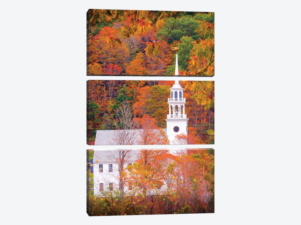 Church With Fall Foliage In Vermont New England by Susanne Kremer 3-piece Canvas Print