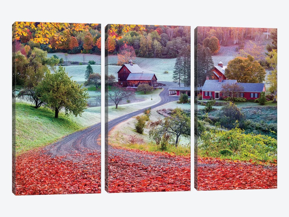 First Cold Morning In Autumn,Farm In Woodstock Vermont New England by Susanne Kremer 3-piece Canvas Print