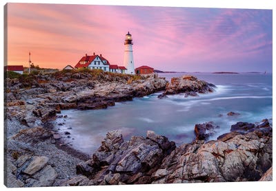 Cape Elizabeth Fiery Sunset,Portland Maine New England Canvas Art Print - Lighthouse Art