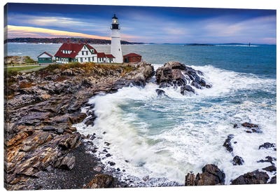 Aerial View Of Storm Rolling In Cape Elizabeth Lighthouse Portland Maine Canvas Art Print - Maine Art