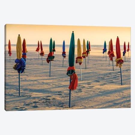 Beach Umbrellas At Sunset In Deauville Normandy France Canvas Print #SKR303} by Susanne Kremer Canvas Art
