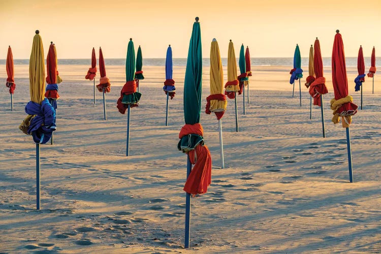 Beach Umbrellas At Sunset In Deauville Normandy France by Susanne Kremer wall art
