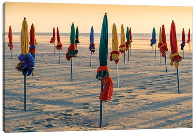 Beach Umbrellas At Sunset In Deauville Normandy France Canvas Art Print - Normandy