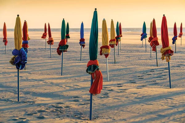 Normandy: Beach Umbrellas At Sunset In Deauville Normandy France by Susanne Kremer