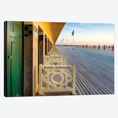 Elegant Wooden Boardwalk At Sunset Deauville Beach Normandy France Canvas Print #SKR311} by Susanne Kremer Art Print