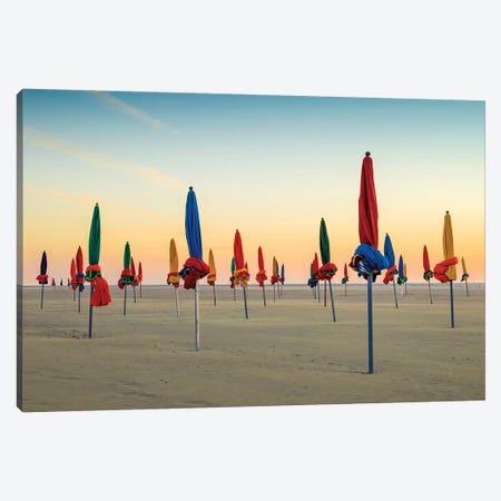 Beach Umbrellas At Sunset Deauville Normandy France Canvas Print #SKR312} by Susanne Kremer Canvas Art Print