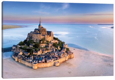 Aerial View At Sunset Mont St Michel France Normandy Canvas Art Print - Normandy