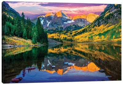 Rise And Shine, Maroon Bells , Aspen Colorado Canvas Art Print - River, Creek & Stream Art