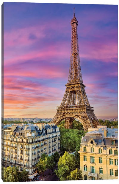 Colorful Sunset Eiffel Tower Paris Canvas Art Print - Famous Buildings & Towers